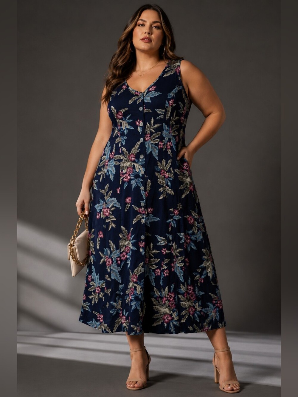 90s Vintage Bentley Navy Floral Button Front Maxi Dress Plus Size 20
